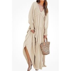 R.Vivimos Maxi Dress for Women Long Sleeve V Neck Empire Waist Layered Ruffle M